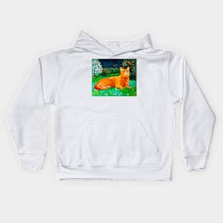 Ginger cat in spring garden Kids Hoodie